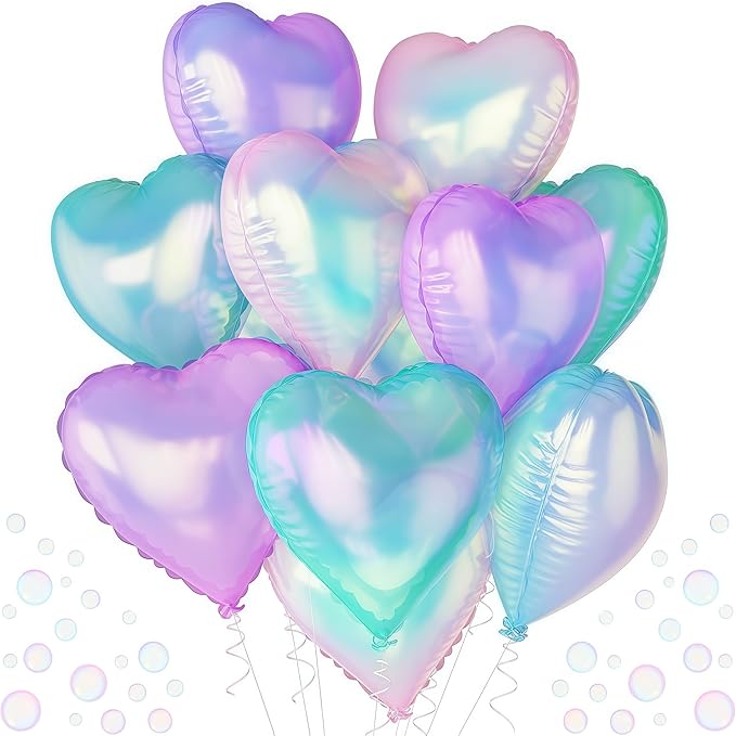 Iridescent Heart Balloons, 12Pcs 18Inch Transparent Crystal Heart Foil Balloon, Gradient Iridescent Pink Purple Green Balloon for Girls Women Princess Mermaid Birthdays Wedding Easter Party Decoration