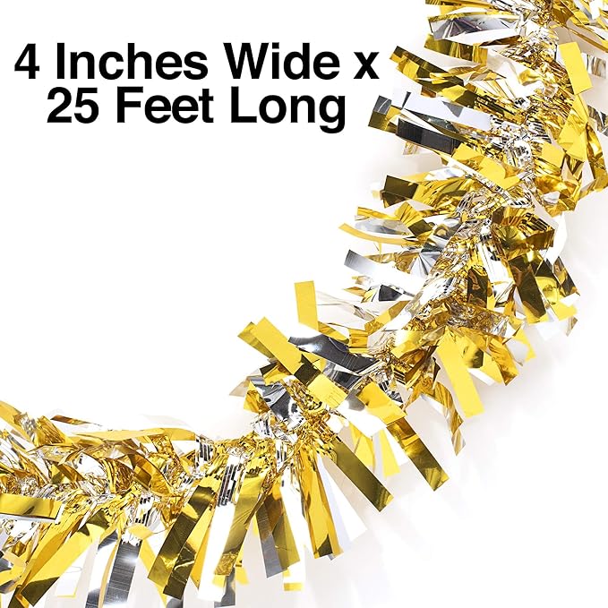 Anderson's Metallic Gold & Silver Tinsel Twist Garland, 25ft Holiday Decoration, Christmas Tree Trim, Parade Float Decor, Party Supplies, Halloween, Graduation, Indoor/Outdoor Event Garland