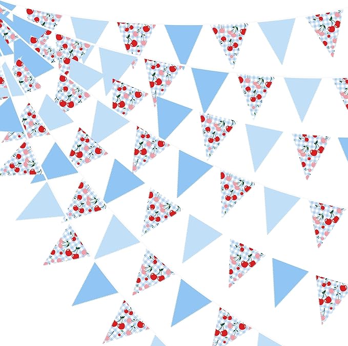 32Ft Blue Gingham Cheery Pennant Banner Fabric Triangle Flag Garland Streamers Party Decorations for Ma Cherie Baby Shower Cherry on Top Bachelorette Fruit Birthday Picnic Spring Garden Supplies