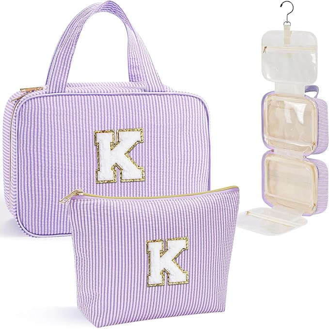 YOOLIFE Initial Toiletry Bag Travel Makeup Bag for Women - Hanging Toiletry Bag, Personalized Birthday Gifts for Women, Vacation Airplane Essentials - Letter K, Purple