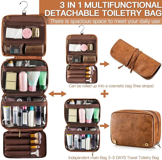 Elviros Hanging Toiletry Bag for Men Travel Essentials 3-in-1 Large Waterproof Dopp Kit PU Leather Shaving Bag with Separate Compartments for Grooming and Toiletries Mens Gift