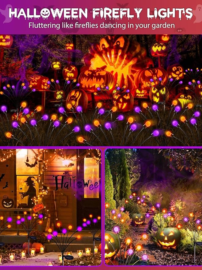 Albelt Halloween Decorations Outdoor, 6 Pack Solar Firefly Lights Outdoor, 48 LED Solar Halloween Lights, Waterproof Swaying Garden Light (Sway by Wind) for Outside Pathway Decor (Orange and Purple)