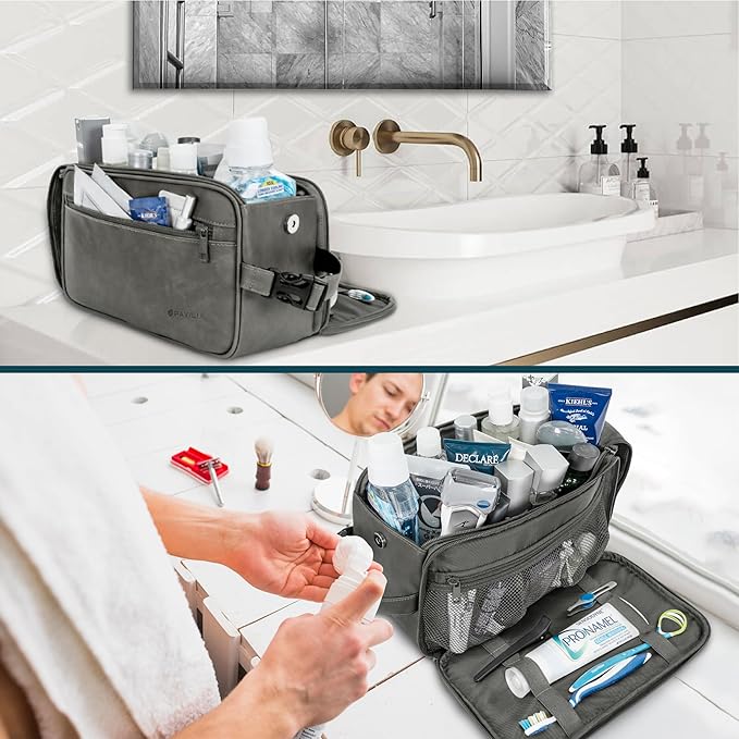 PAVILIA Toiletry Bag for Men, Travel Essentials Shaving Dopp Kit, Mens Travel Bag Toiletries Organizer Case for Grooming, PU Leather Water Resistant Cosmetic Bag Pouch (XL, Dark Grey)