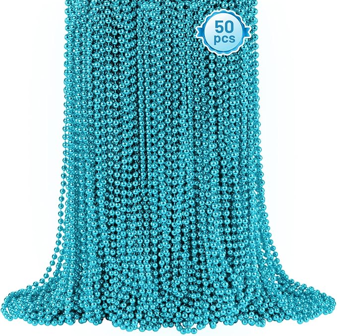 SHAOQINLIN 50 PCS Teal Bead Necklaces, Teal Mardi Gras Beads Necklaces Turquoise Party Beads Necklace Bulk Round Beaded Necklaces for Mardi Gras, Christmas, School Spirit Day Party Favors
