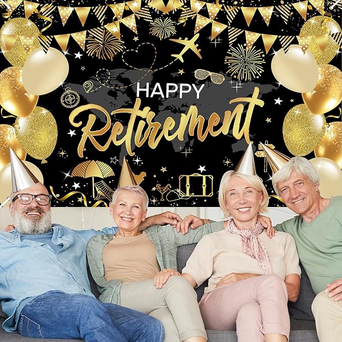 Mocsicka Retirement Party Decorations Black and Gold Happy Retirement Backdrop Banner Retired Party Decorations Photo Booth Props (Black Gold, 180x110cm)