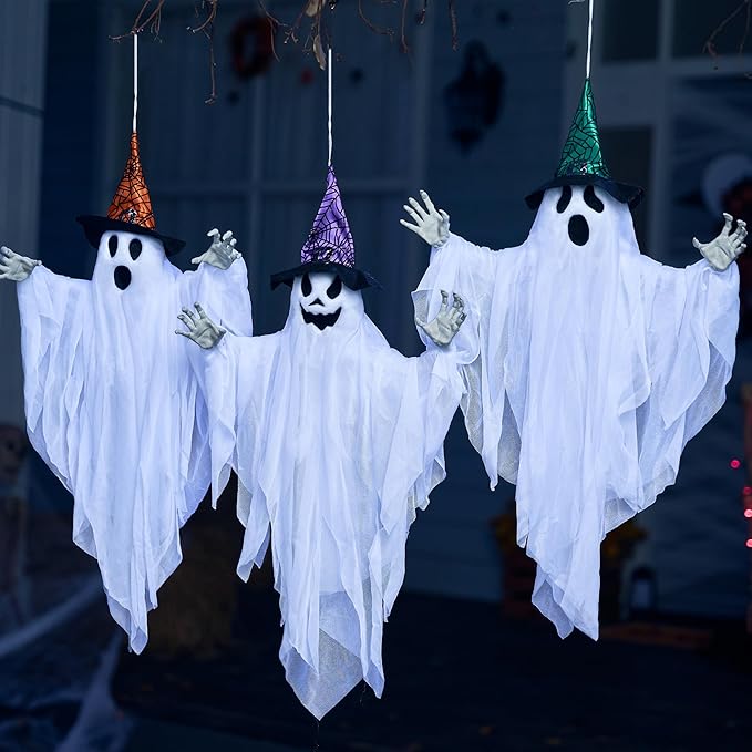 JOYIN 3 Pack 24.8" Halloween Hanging Ghost Decorations, Halloween White Flying Ghost with Hats for Haunted House Graveyard Scene, Spooky Indoor and Outdoor Decor