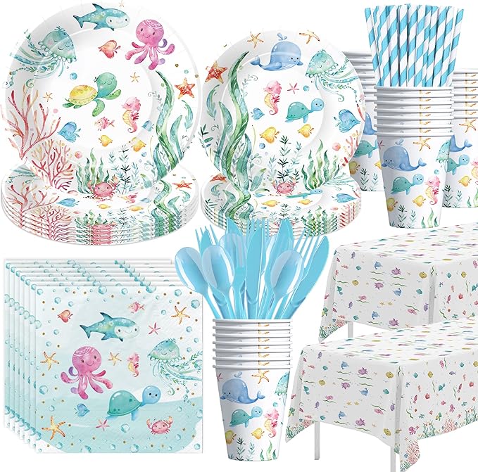 APOWBLS Under The Sea Party Decorations For Ocean Theme Birthday Baby Shower, Ocean Under The Sea Party Supplies, Plate, Cup, Napkin, Tablecloth, Cutlery, Underwater Sea Life Party Tableware, Serve 24