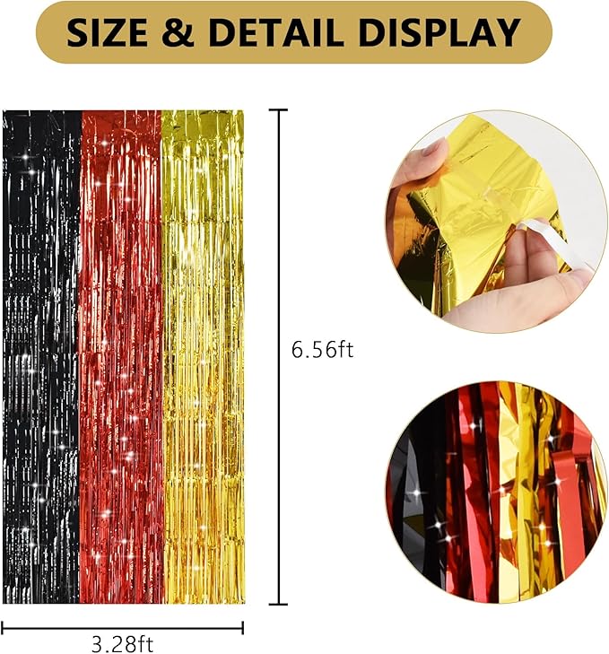 TONIFUL Black Red Gold Door Streamers,Black Red and Gold Photo Booth Backdrop Metallic Streamers Foil Fringe Curtain for Mouse Themed Birthday,New Year,Graduation,Baby Shower Party Decoration