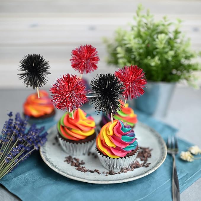 Gyufise 30Pcs Foil Firework Cupcake Toppers Sparkle Tinsel Cake Toppers Tinsel Drink Cake Decoration Cocktail Picks for Birthday Wedding Graduation Party Supplies Black Red