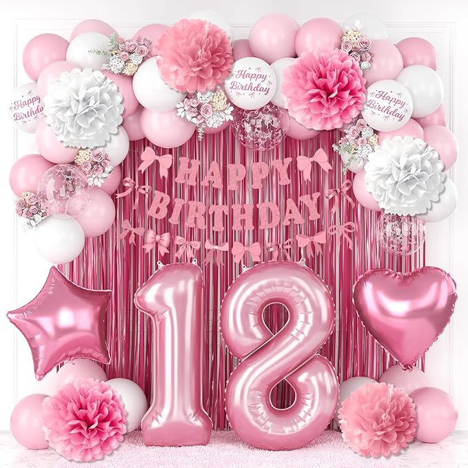 18th Birthday Decorations for Girls Pink Number 18 Balloon Bow Coquette Happy Birthday Banner Fringe Curtain Paper Pom Poms Star Heart Foil Pink White Balloons 18 Year Old Party Decor for Her
