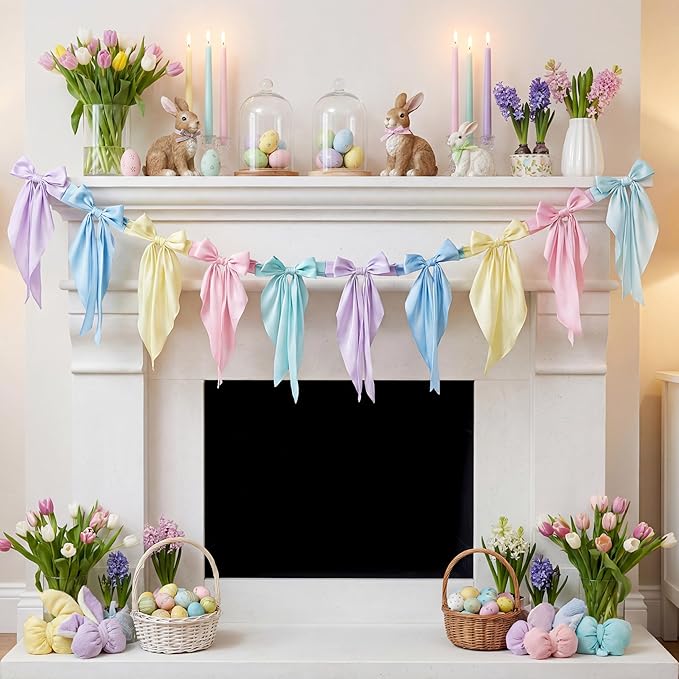 VitalCozy 1 Pcs Easter Pastel Bow Garland Banner - Silk Satin Ribbon Hanging Party Bow Garland Decoration for Easter Birthday Baby Shower Wedding Party Supplies