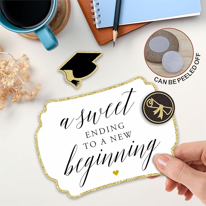 5"X7" Graduation Wooden Buffet Sign - A Sweet Ending To A New Beginning - Candy Sign With 1 Metal Support，2 DIY Wood Decor With Velcro, Grad Party Decor & Supplies(Gold) - B02