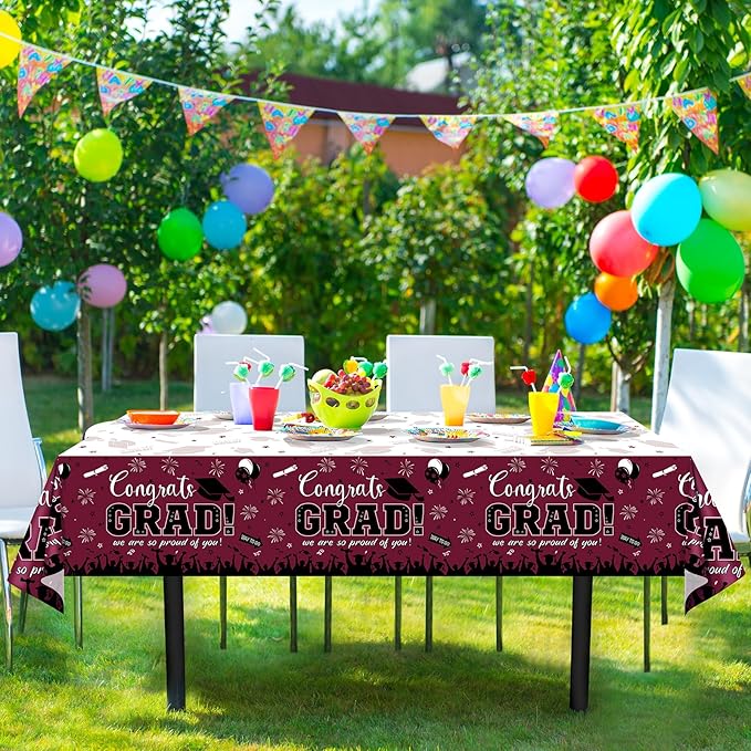6 Pack Graduation Tablecloth Party Decorations, Class of 2026 Congrats Grad Plastic Tablecover Party Supplies, Maroon Rectangle Graduation Table Decorations for College High School Party, 54 x 108Inch