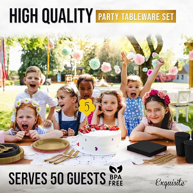 350 Pcs Black & Gold Plastic Plates For Party, Black & Gold Disposable Plates Set, 50 Of Each 9" Dinner Plate Set, 7" Dessert Plate, Cups, Napkins & Cutlery Plastic Dinnerware Exquisite