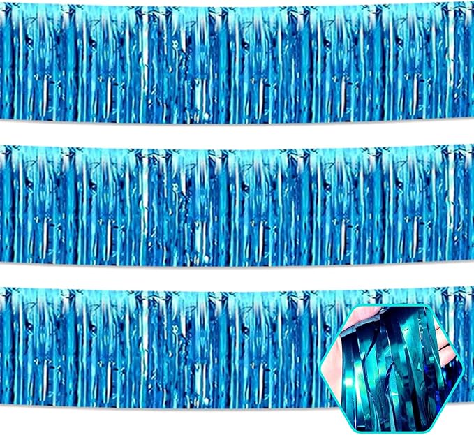 3 Pack 10 Long Lake Blue Metallic Foil Fringe Garland Wall Hanging Tassle Banner, Mother's Day, Easter, Parade Floats, Birthday, Theme Party, Wedding Party Decorations