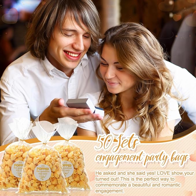 AIOMOB 50 Pack He Popped the Question Popcorn Bags Engagement Party Favors Decorations She Said Yes Sticker Clear Popcorn Favor Bags for Engagement Party Bridal Shower Wedding Supplies
