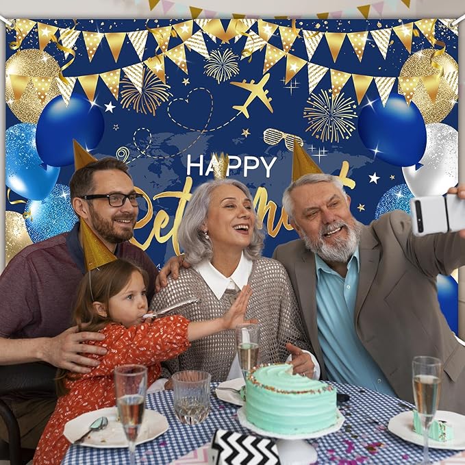 Mocsicka Happy Retirement Backdrop Pink Rose Gold Balloons Women Happy Retirement Banner Party Decorations Photo Booth Props (Blue Gold, 8x6ft)