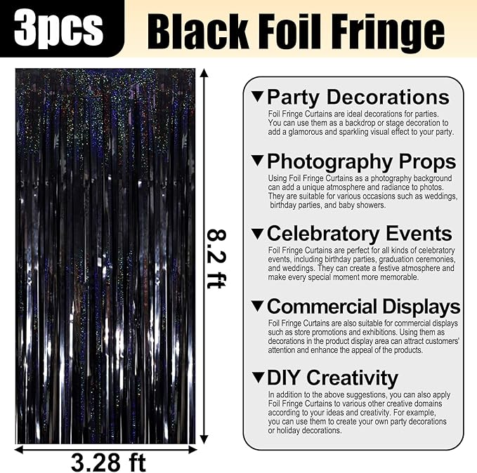 3 Pack Black Foil Fringe Curtain Backdrop, 3.28Ft x 8.2Ft Metallic Tinsel Foil Fringe Streamer Curtains for Photo Booth, Mother's Day, Easter, Birthday, Wedding Party Decorations