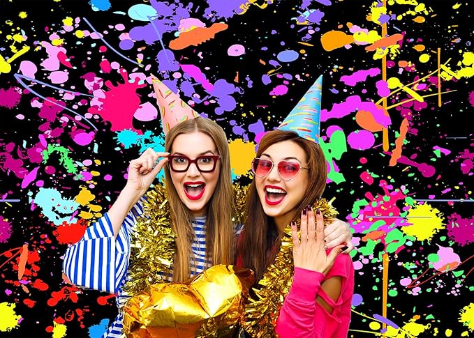 7X5FT Glow in The Dark Birthday Backdrop - Colorful Graffiti Splash Paint Party Background Slime Black Light Sleppover Party Decorations for Kids