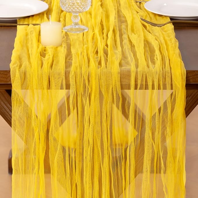 Socomi Yellow Cheesecloth Table Runner Tulle Gauze Cheese clothBoho Rustic 120 inch 10FT Runner for Wedding Party Baby Shower Birthday Holiday Decorations 3pcs
