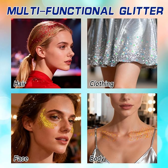 Blue Face Hair Glitter,Cheer Holographic Royal Blue Body Glitter,Rave Music Festival Carnval Singer Concert Accessories,Halloween Cosplay Chunky Shimmer Makeup