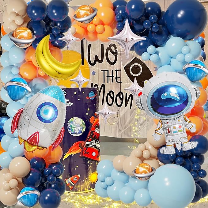 125Pcs Space Themed Balloon Arch Kit Navy Blue Orange Balloon Garland With Silver Tassels Galaxy, Astronaut & Rocket Decorations For Outer Space Parties, Boy Kid Birthday decoration