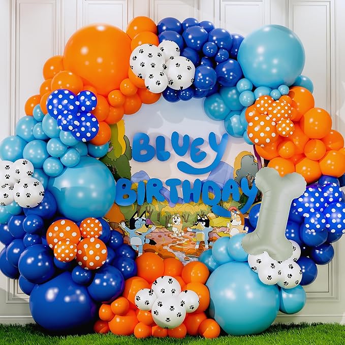 ALL-IN-1 Balloons Arch & Garland Kit with BONUS Dog Bone Small and Large Blue & Orange Party Balloons Blue Themed Party Decorations & Supplies for Boy or Girl Birthday