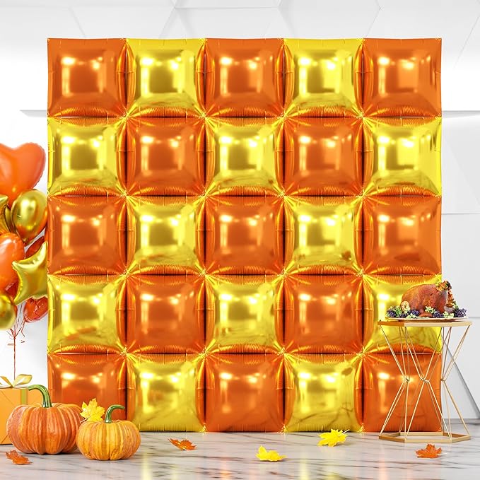 NISOCY 25PCS Orange Gold Square Foil Balloons Wall Backdrop Metallic Autumn Fall Balloons Tunnel Arch Kit for Thanksgiving Friendsgiving Birthday Halloween Baby Shower Fall Color Party Decorations
