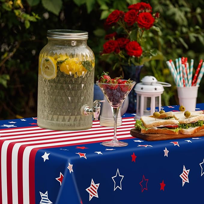 QZYL 4 Pack 4th of July Decorations, 54" x 108" USA Plastic Table Cloth, Tear Resistant Patriotic Tablecloth Fourth of July Tablecloths American Tablecover, Red White Blue Party Supplies