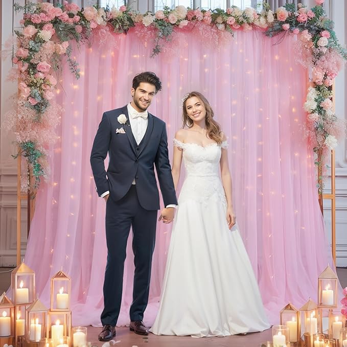 20ft x 10ft Pink Backdrop Curtain with Lights String for Parties, Sheer Tulle Wedding Photo Backdrops Drapes for Baby Shower Birthday Party Decorations Background for Photography