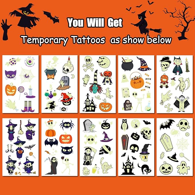 JCFIRE Glow Halloween Party Supplies, Halloween Temporary Tattoos for Kids Party Favors, Birthday Party Decorations Activities Games Accessories, Goodie Bags Fillers
