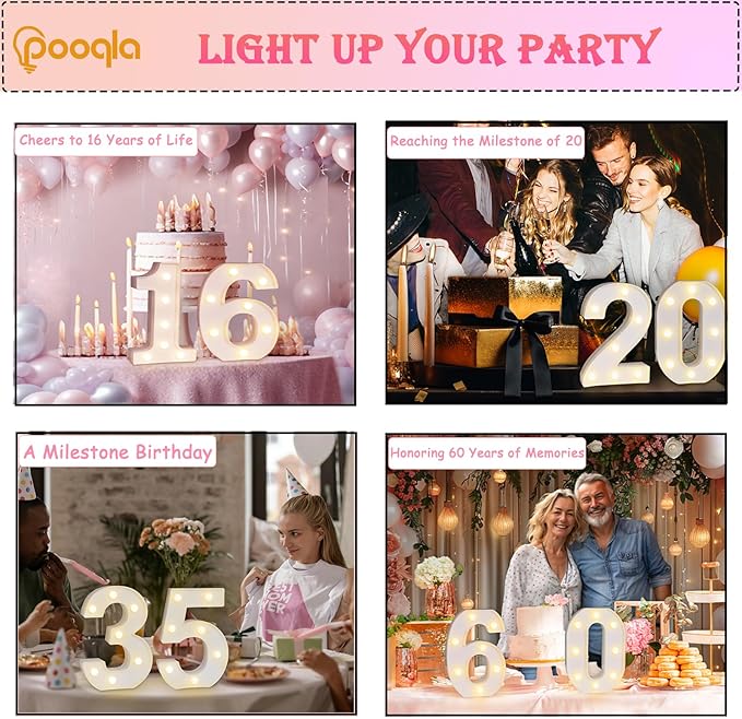 Pooqla Decorative LED Light Up Number Letters, White Plastic Marquee Lights Sign for 12th Birthday Party Wedding Decor, Battery Operated (12)