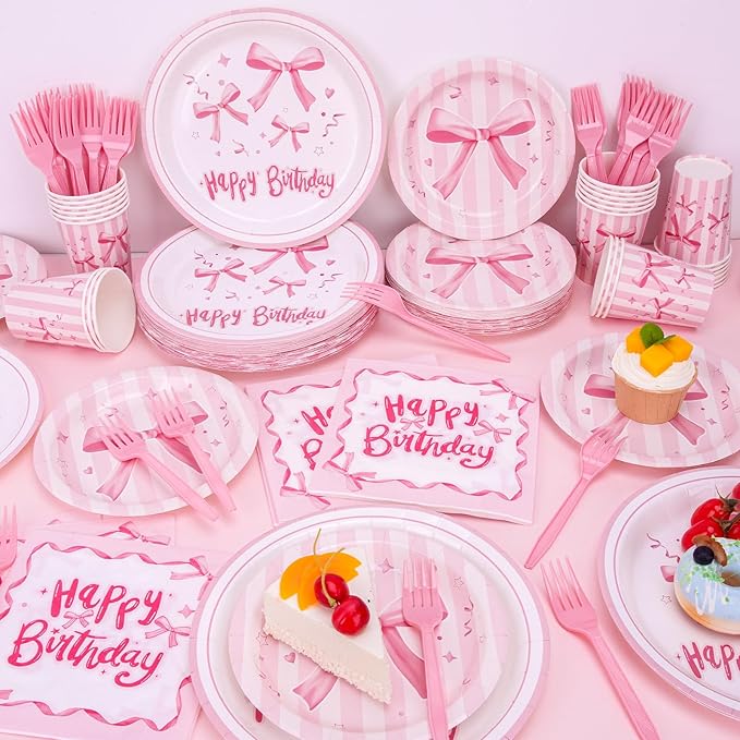 REDWORD Pink Bow Birthday Decorations, 120Pcs Bow Party Tableware Plates Napkins Cups for Pink Birthday Girls Bachelorette Party Decorations-Serves 24