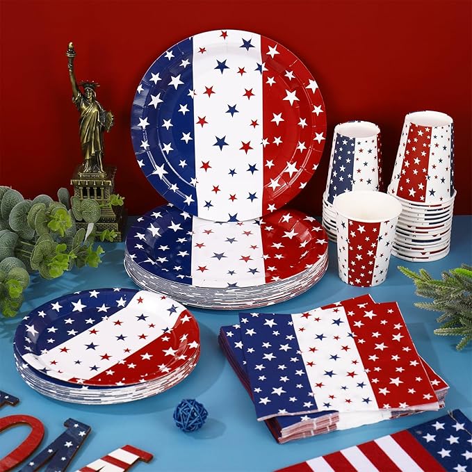Whaline 96Pcs Patriotic Party Tableware Set with Paper Plate Napkin Cup Red White Blue Star 4th of July Disposable Dinnerware for 24 Guests Independence Day Party Table Decor