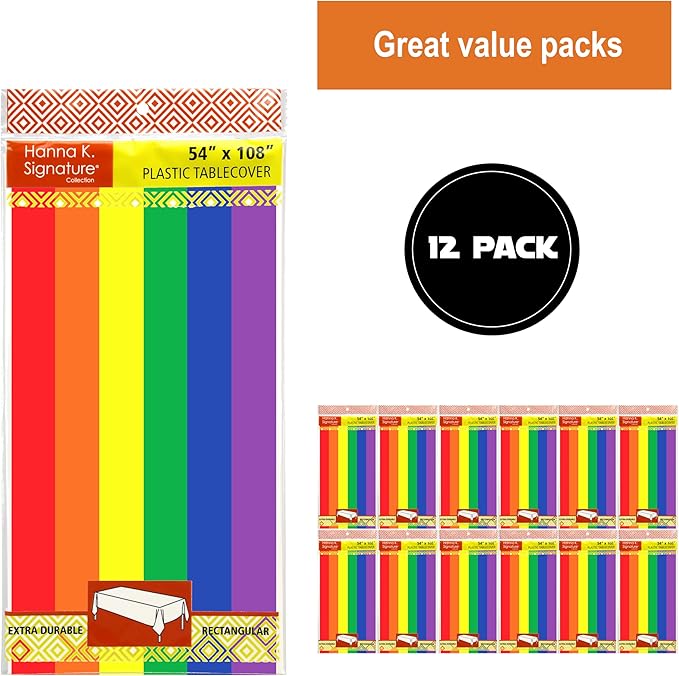 Party Dimensions Carnival Rainbow Disposable Plastic Tablecloth for Rectangle Tables (12 Pack) Table Cloths for Parties, Events, Indoors & Outdoors, 54 x 108 inches, Plastic Table Cover