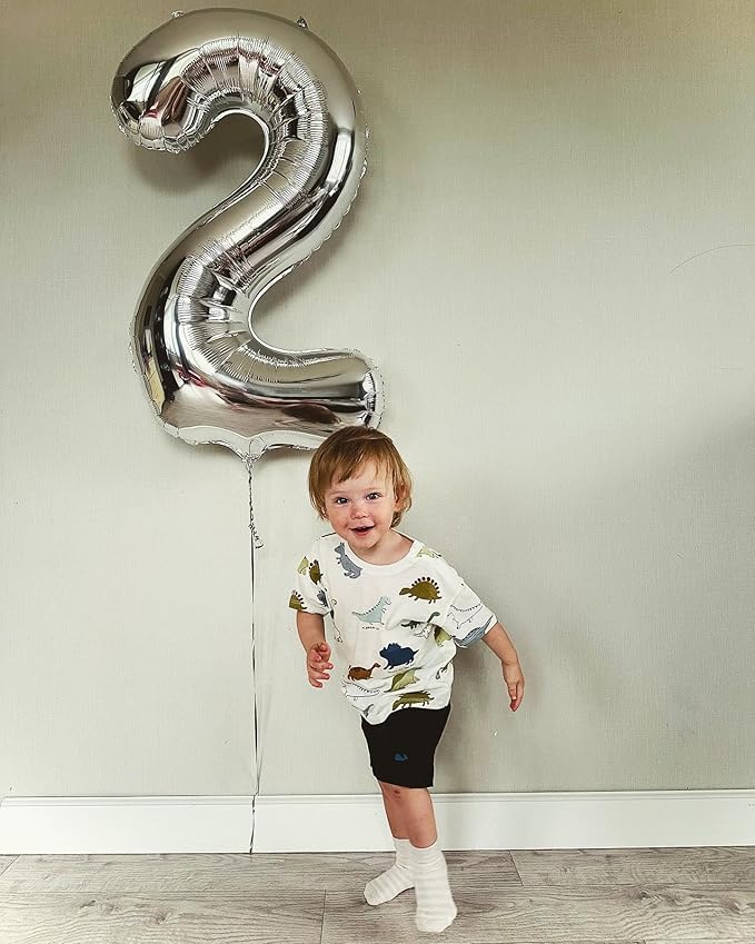 Silver Number 2 Balloon 40 Inch, 2 Balloon Number, 2nd Birthday Decorations for Baby Girls Boys Toddlers