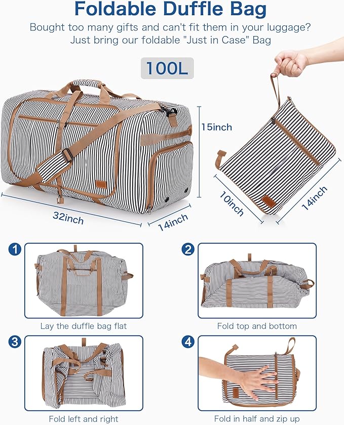 100L Travel Duffle Bag for Men, Urtala 32” Large Duffle Bag for Traveling with Shoe Compartment, Foldable Travel Duffel Bag Weekender Bag Gym Bag for Men Women Water & Tear Resistant (Stripe, 100L)