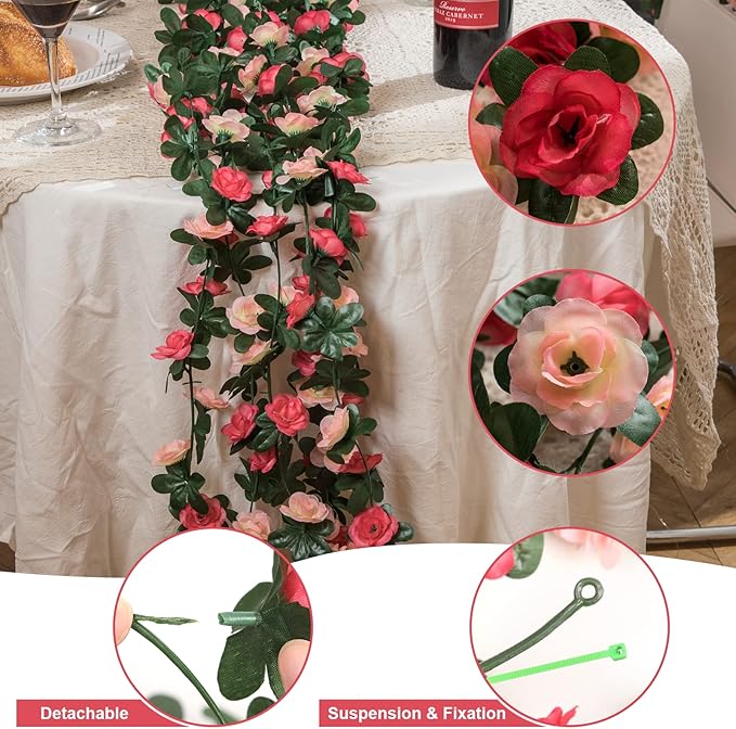 MARTINE MALL Flower Garland - 5 Strand 41Ft Rose Vines for Bedroom Decor, Pink Rose Floral Garland for Table, Birthday, Wedding, Party, Garden Wall Decor