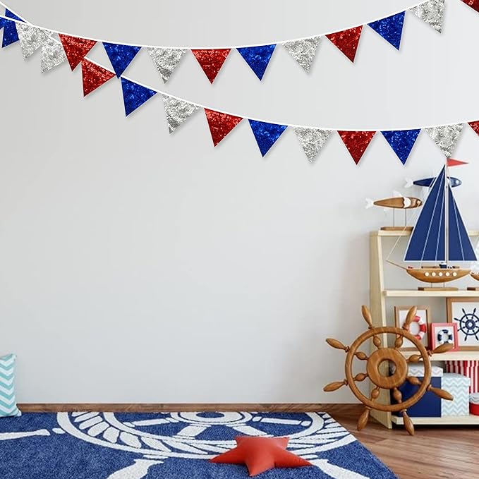 pinkblume Red Blue Silver Decorations Double Sided Sequin Fabric Triangle Pennant Banner Flag Bunting Garland for Nursery Classroom Home Bedroom Wall 4th of July American Veterans USA Holiday Decor