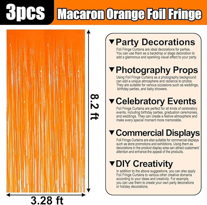 3 Pack Macaron Orange Foil Fringe Curtain Backdrop, 3.28Ft x 8.2Ft Metallic Tinsel Foil Fringe Streamer Curtains for Photo Booth, Mother's Day, Easter, Birthday, Wedding Party Decorations