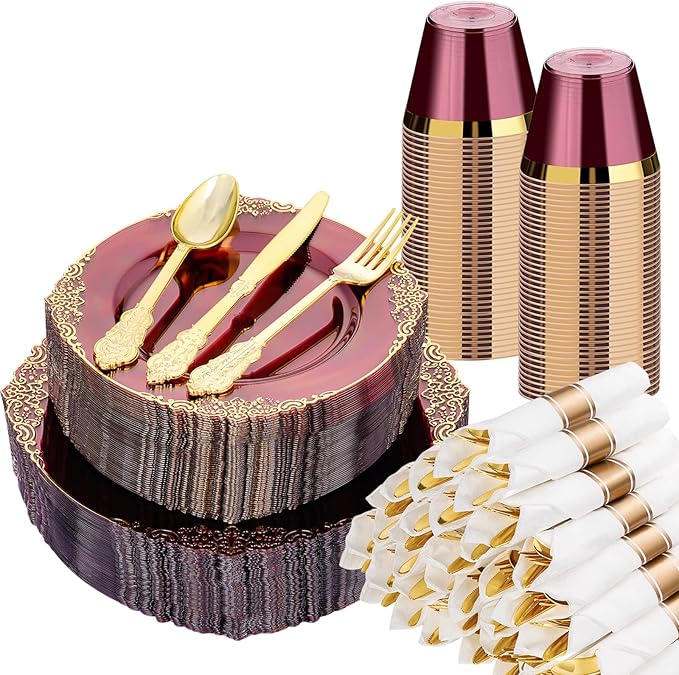 350 PCS Burgundy and Gold Plastic Plates, Disposable Dinnerware Set for 50 Guests, 100 Disposable Plates, 150 Silverwares, 50 Cups, 50 Napkins for Wedding, Party, Graduation