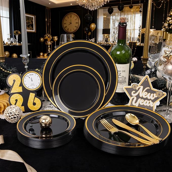 175PCS Black and Gold Plates - Black Disposable Plates for Party - 25Guests Disposable Dinnerware Set for Graduation Wedding Party Birthday