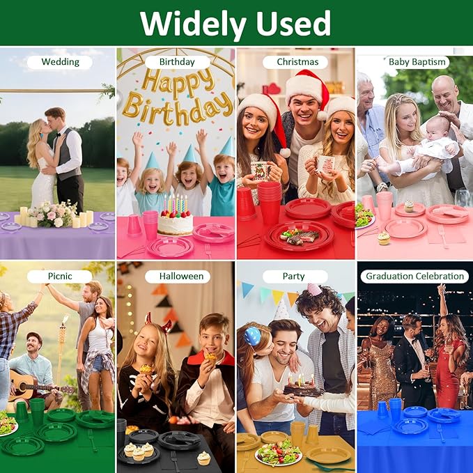 Green Plastic Plates for Party,100 Guest - 7&9inch Plates,Napkins,Forks,12 oz Cups & Tablecloths,Disposable Party Supplies for Birthday,Picnic,Christmas,Summer Activities
