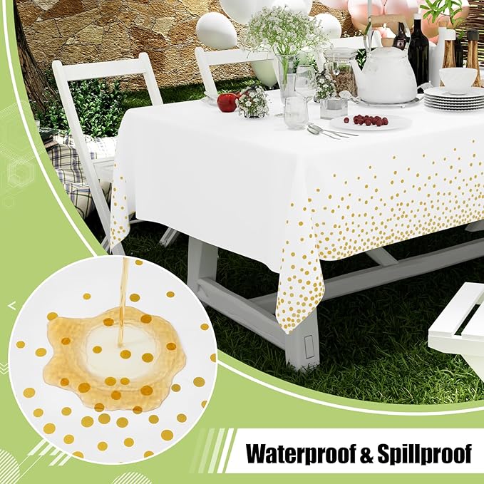 Smiry Disposable Table Cloth - 12 Pack, 54 x 108 Inch Waterproof Rectangle Tablecloths for New Years, Decorative Plastic Table Cover, Leakproof & Sturdy, White & Gold