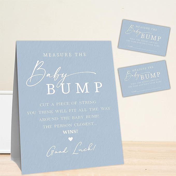 Navy Blue Baby Shower Measure The Baby Bump, Measure Mommy's Belly Game Set - 1 Self-Standing Sign And 50 Tickets - Gender Reveal, Baby Shower, Baby Announcement Activity & Party Favor Supplies - A07