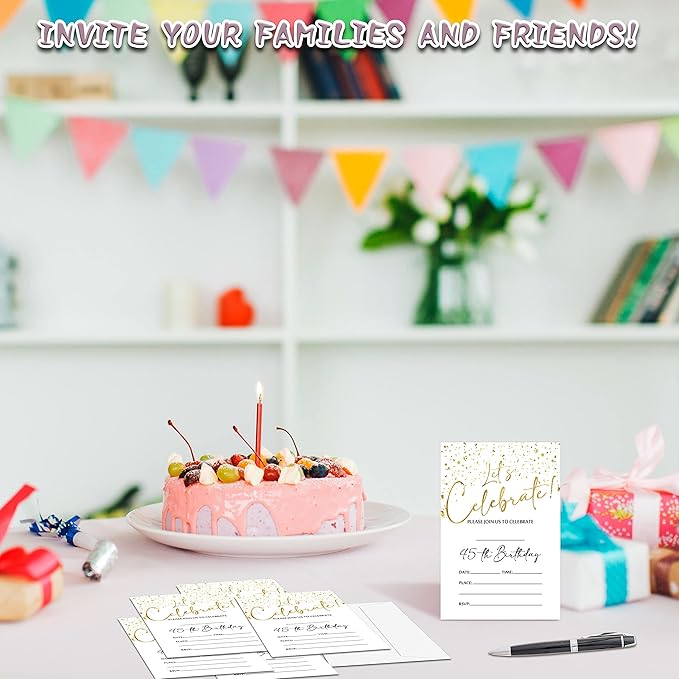 45th Birthday Invitations Cards, 4"x 6" White and Gold Confetti Birthday Party Invites with Envelopes for Party Decorations Supplies(20 Pieces) -D12