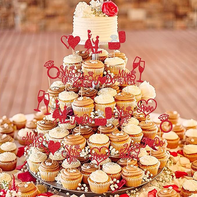 30 PCS He Asked She Said Yes Cupcake Toppers Glitter Engagement Cupcake Toppers Miss to Mrs I Do Love Heart Ring Miss to Mrs Cupcake Picks for Wedding Engagement Party Cake Decorations Supplies Red