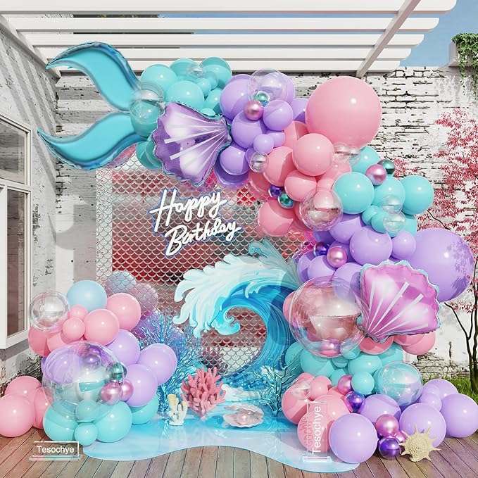 Mermaid Balloon Garland Arch Kit, Pastel Pink Purple Teal Blue Clear Balloons with Tail Seashell Foil Balloons for Little Mermaid Birthday Party Decorations Summer Under The Sea Ocean Party