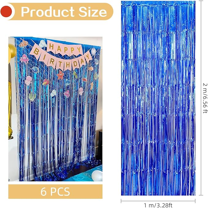 6 Pack Blue Foil Curtain Backdrop 3.2ft x 6.6ft Metallic Tinsel Fringe Backdrop Curtains Streamer Photo Booth Backdrop for Birthday Engagement Bachelorette Christmas Holiday Party Decorations
