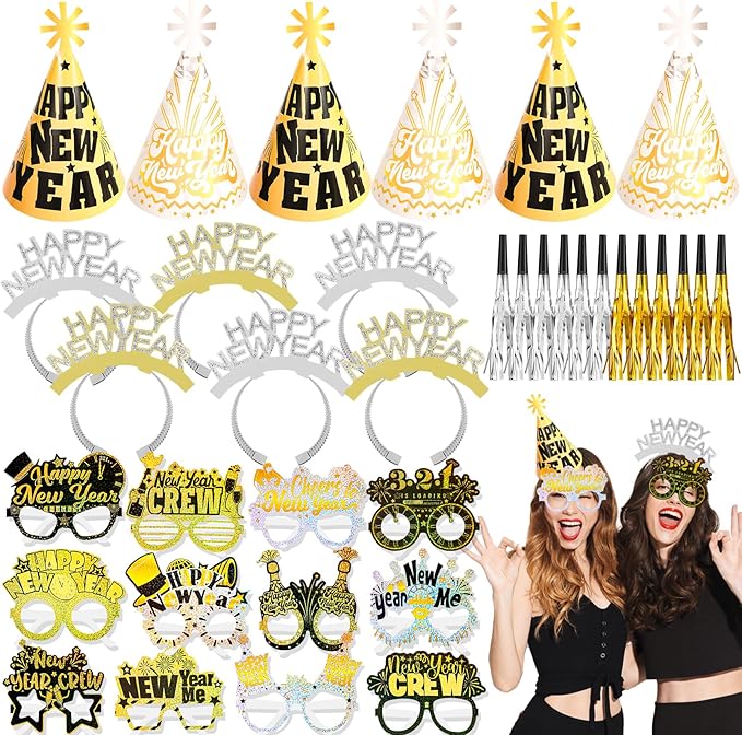 HOWAF 36 Pcs New Year Eve Party Supplies 2026, New Years Hats Headband Cone Hats Glitter Paper Eyeglasses Noise Makers White Gold New Years Decorations 2026 for NYE Party Favor Accessories